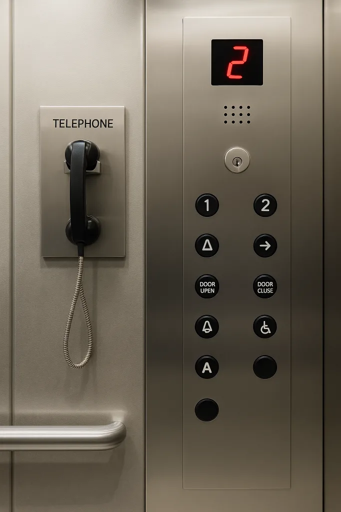 Non compliant elevator phone panel is missing braille, push to talk, and other required features